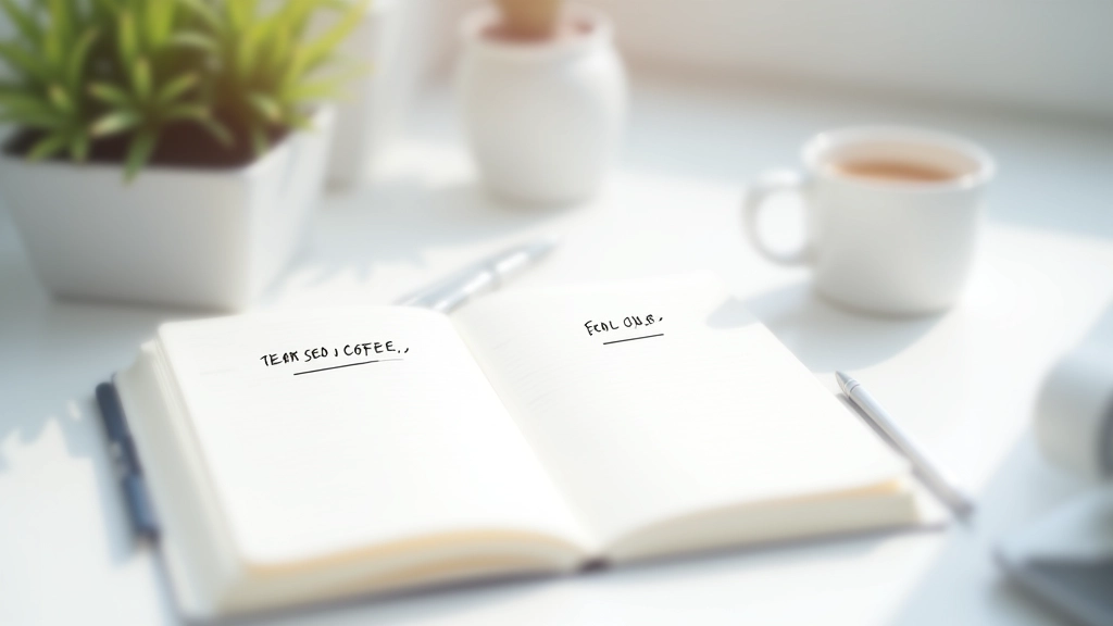 Open notebook with SEO filter strategy notes and handwritten annotations next to coffee on wooden desk