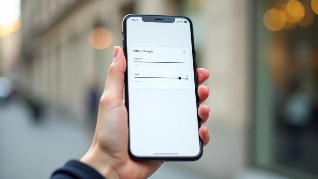 Smartphone in hand displaying mobile filter interface for e-commerce browsing
